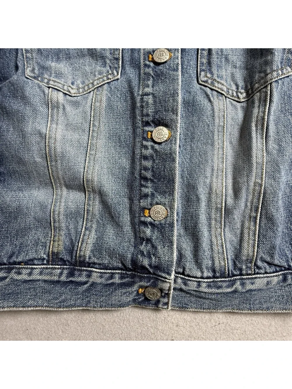 Polo Ralph Lauren Denim Jacket Flag Jeans Co. M Distressed USA American Patch